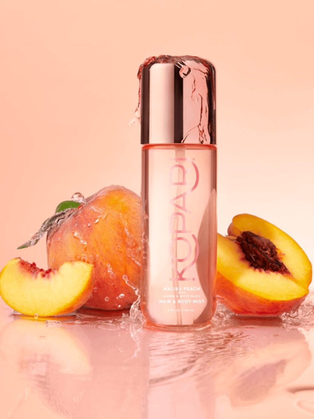 Kopari Malibu Peach Hair & Body Mist — Rose Gold Cap, Clear Pink Bottle